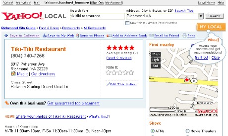 Yahoo Local page Yahoo Local page